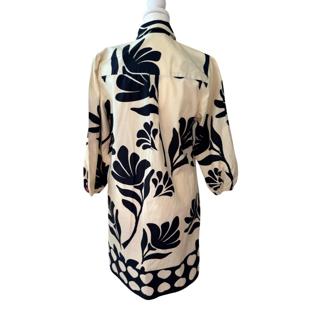 MAUDE VIVANTE Cream Black Floral Retro Mod Artsy Puff Sleeve Shirt Dress Size XS - Picture 4 of 10